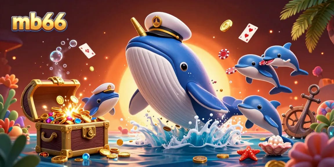 Playful dolphins and narwhal celebrate mb66 with poker chips and treasure in an underwater casino