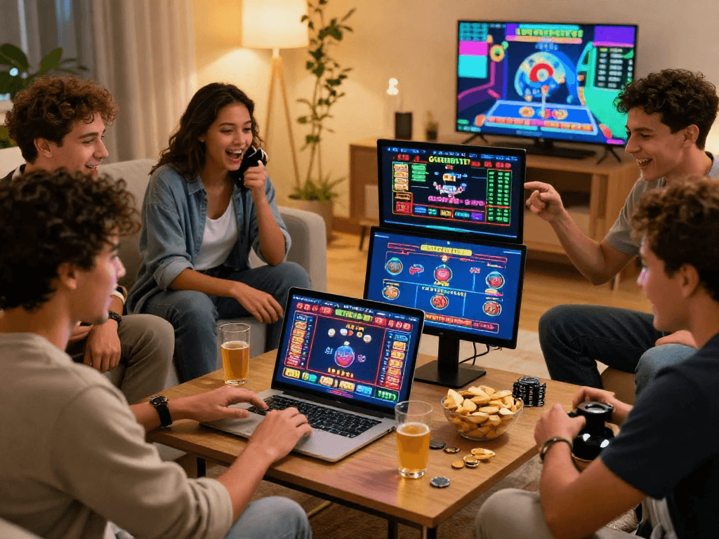Friends enjoying online gaming at home for gambleonline entertainment, showcasing excitement and camaraderie.