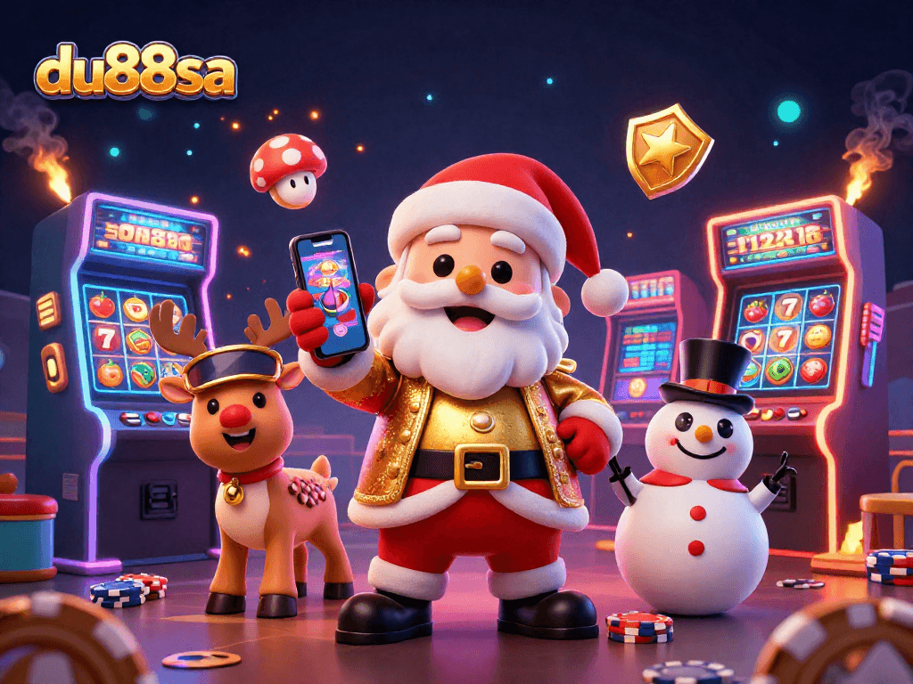 Join the fun at du88sa with Santa, his reindeer, and a snowman in a lively casino scene!