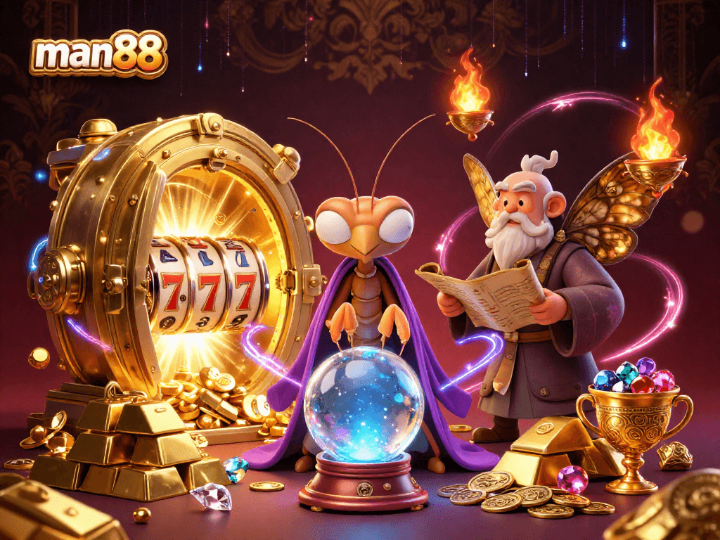 Experience the magic of man88 as fortune tellers reveal winning slots and treasures in a dazzling casino illustration.