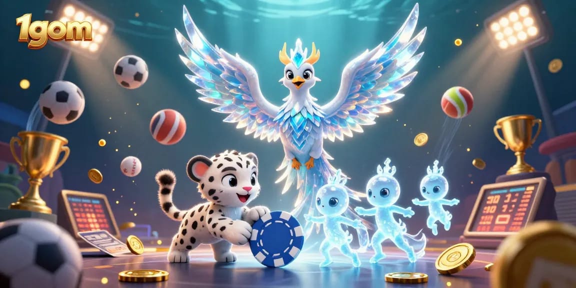 Engage with 1gom's thrilling atmosphere as a snow leopard plays with an ice poker chip amidst dynamic sports elements.