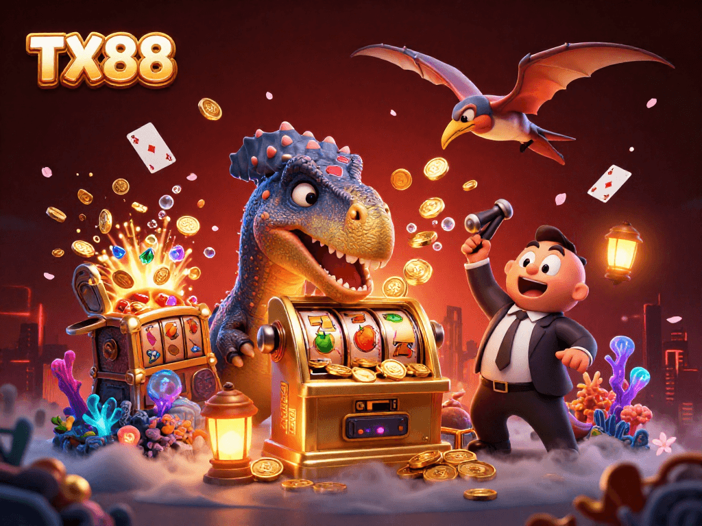 TX88 showcases a cartoon dinosaur hitting a slot machine, winning a jackpot of golden coins.