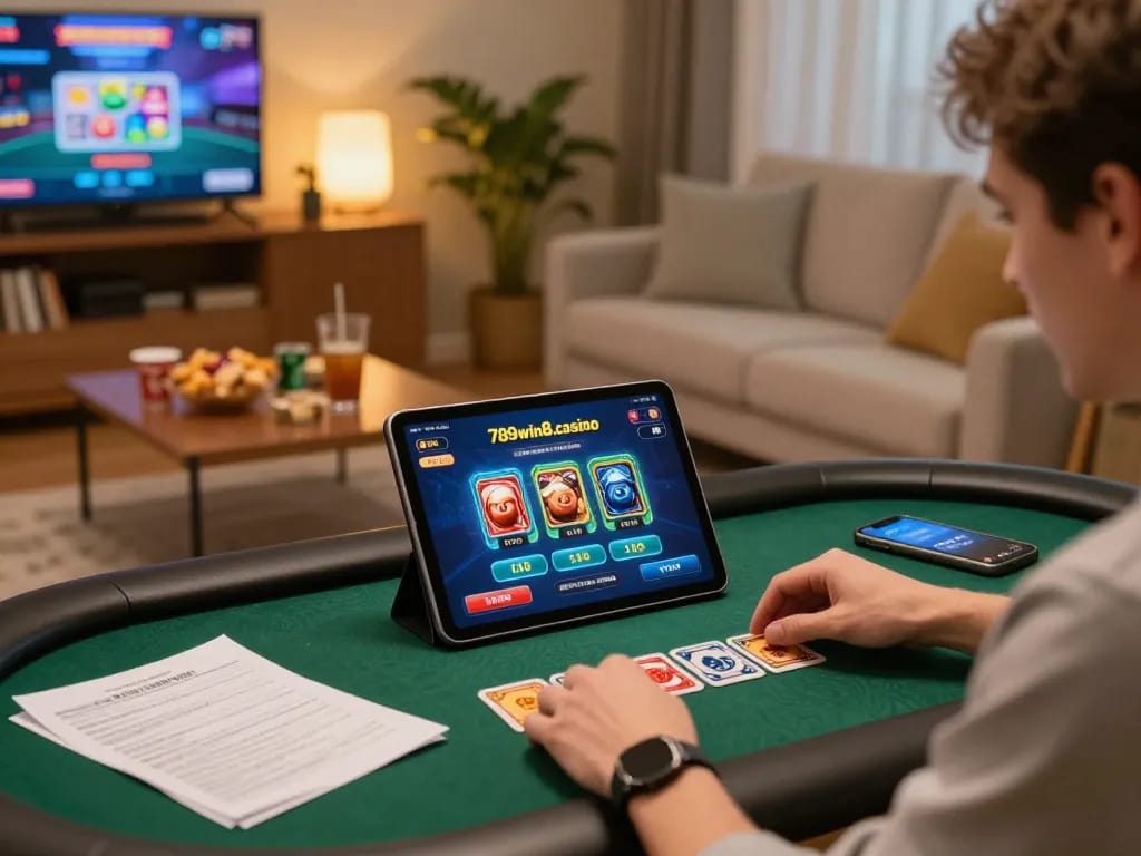 Engage with the 789win8.casino app during an exciting home gaming session with poker.