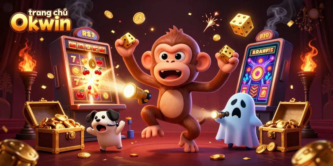 Experience the excitement of trang chủ Okwin with a vivid scene of a playful monkey juggling casino elements amidst a jackpot explosion.