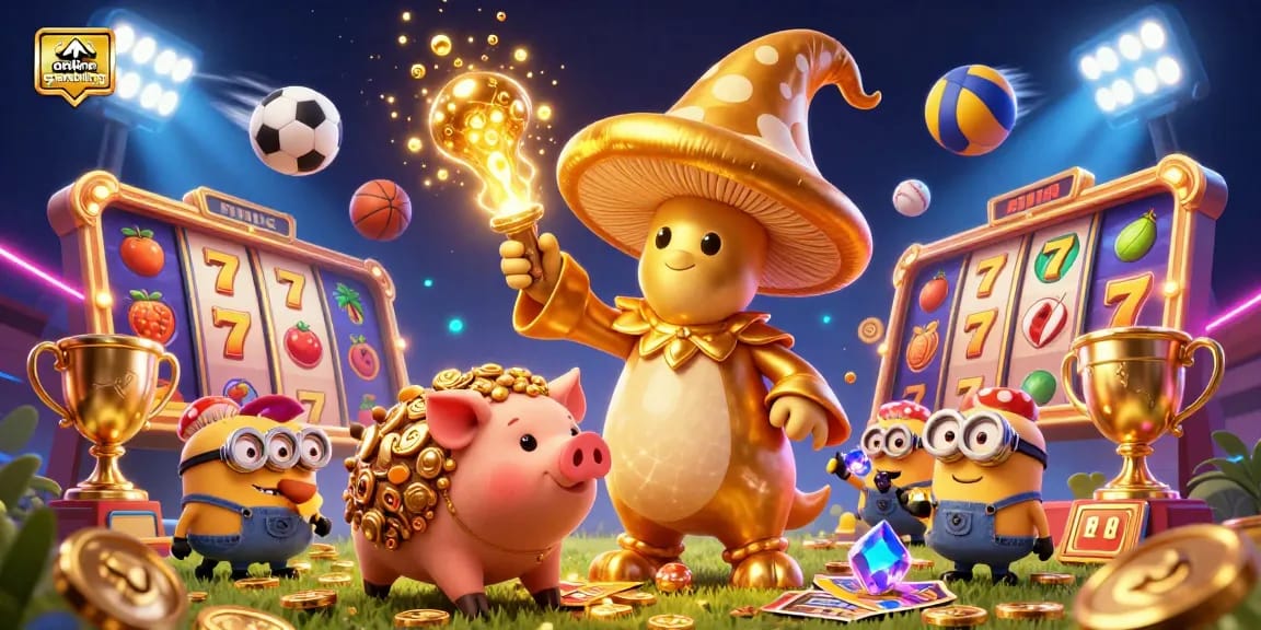 Engage in online gambling with vibrant slots and dynamic sports elements in a magical casino scene.