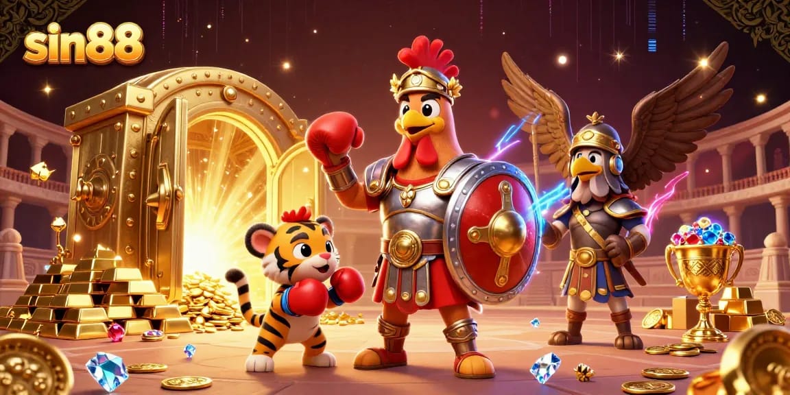 Experience the high-stakes thrill of sin88 with a dynamic gladiator rooster and treasure in a vibrant illustration.