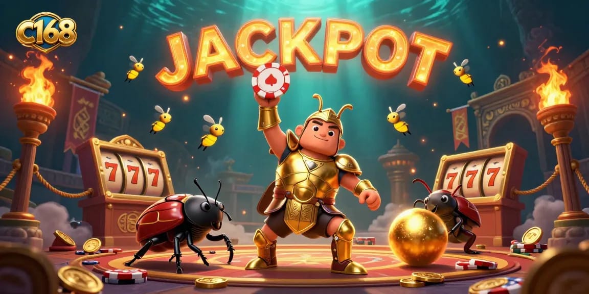 Engage in thrilling wins at c168 with a heroic beetle champion lifting poker chips amidst sparkling casino elements.