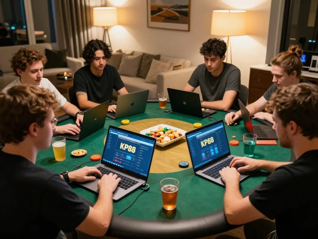 Engaging online poker session on KP88 in a cozy home environment with players immersed in gameplay.