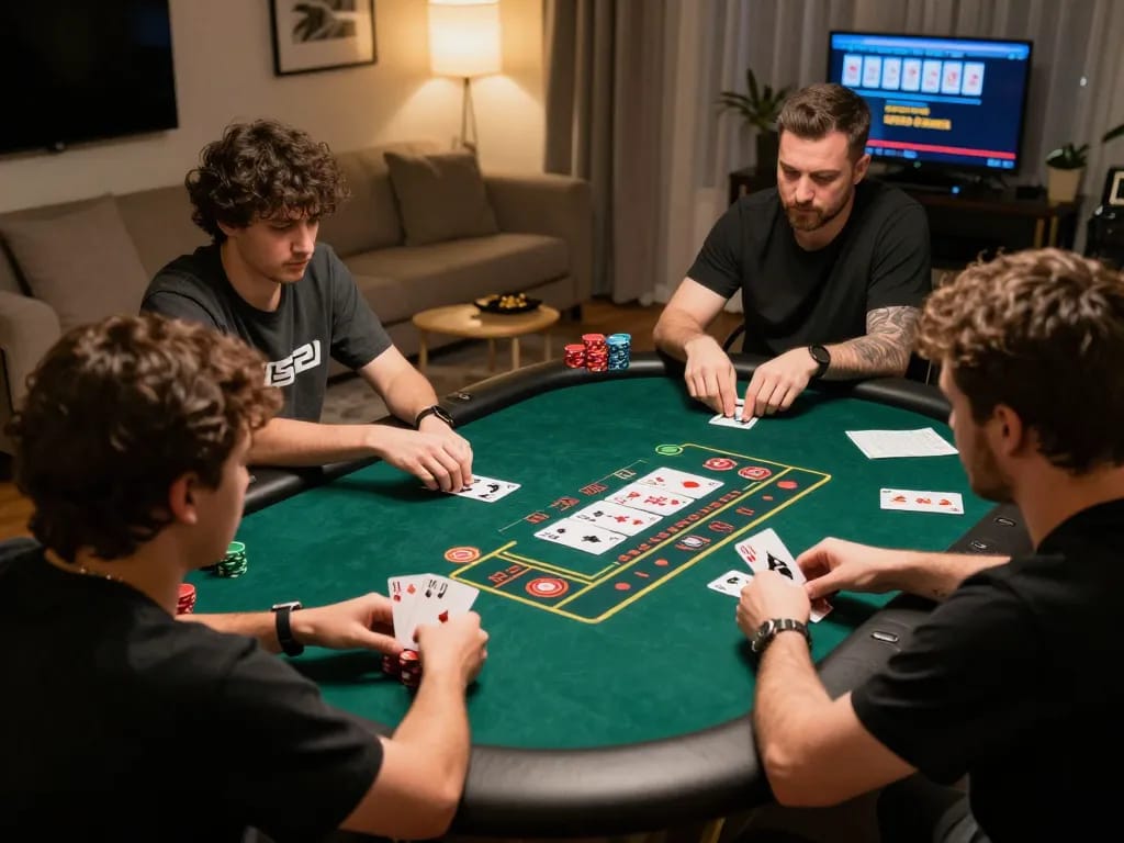 B52club players strategizing their poker hands at home to maximize winning chances.