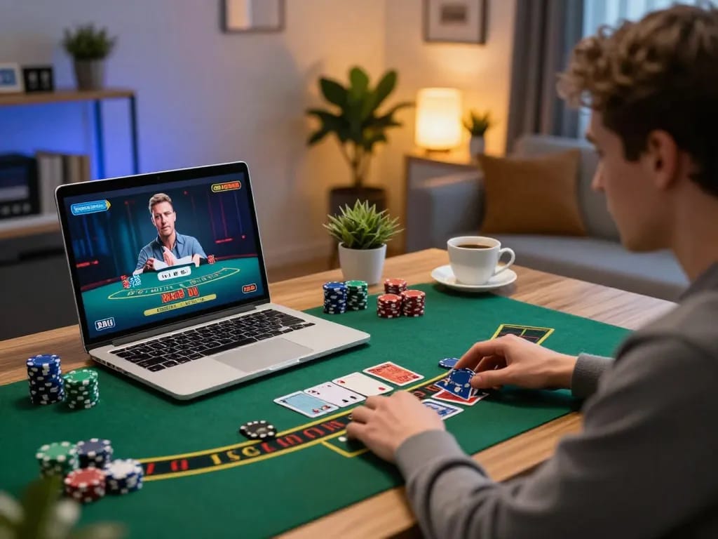 Engaging in Đăng ký Rik88 through an online blackjack game on a laptop in a cozy home office.