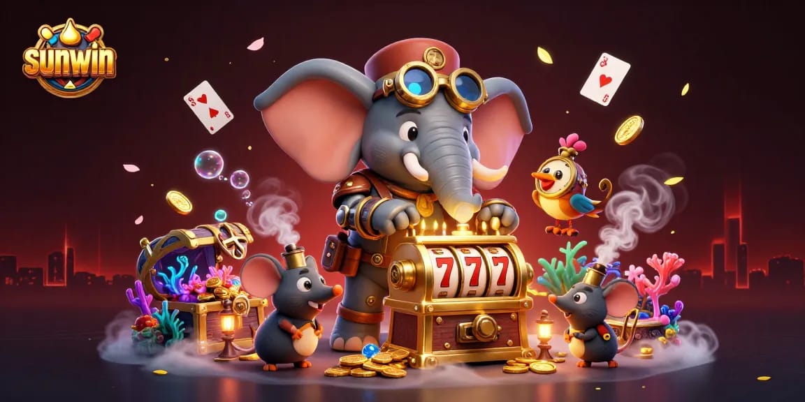Sunwin's steampunk elephant operates a slot machine amidst a vibrant casino scene.