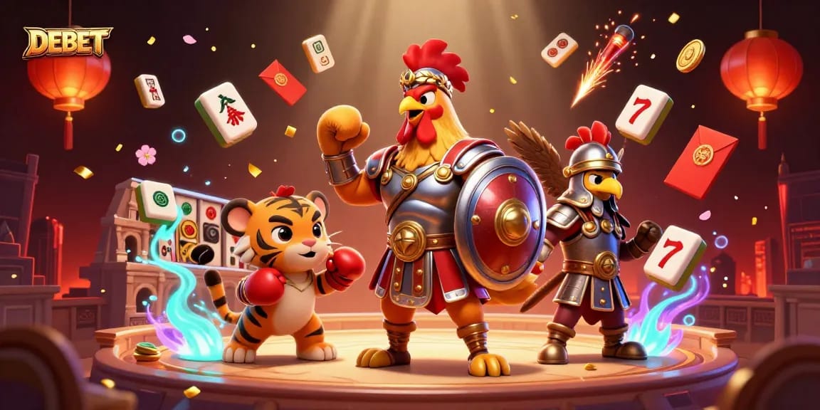 Engage with DEBET's thrilling casino scene featuring a gladiator rooster, gambling symbols, and vibrant visuals