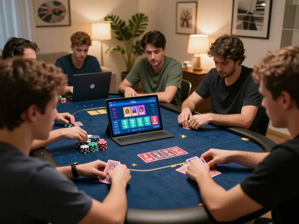 Players engaging in online poker with sc88 strategies in a vibrant home setting, capturing the essence of responsible gaming.