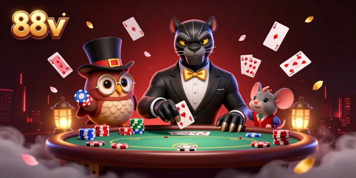 Engage with exhilarating gameplay at 88vv as a stylish panther deals cards, surrounded by vibrant poker elements.