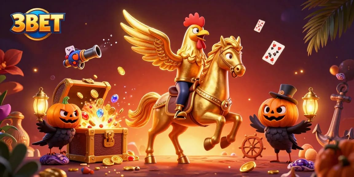 Experience the thrill of 3BET with a golden rooster and friends in an exciting casino scene.