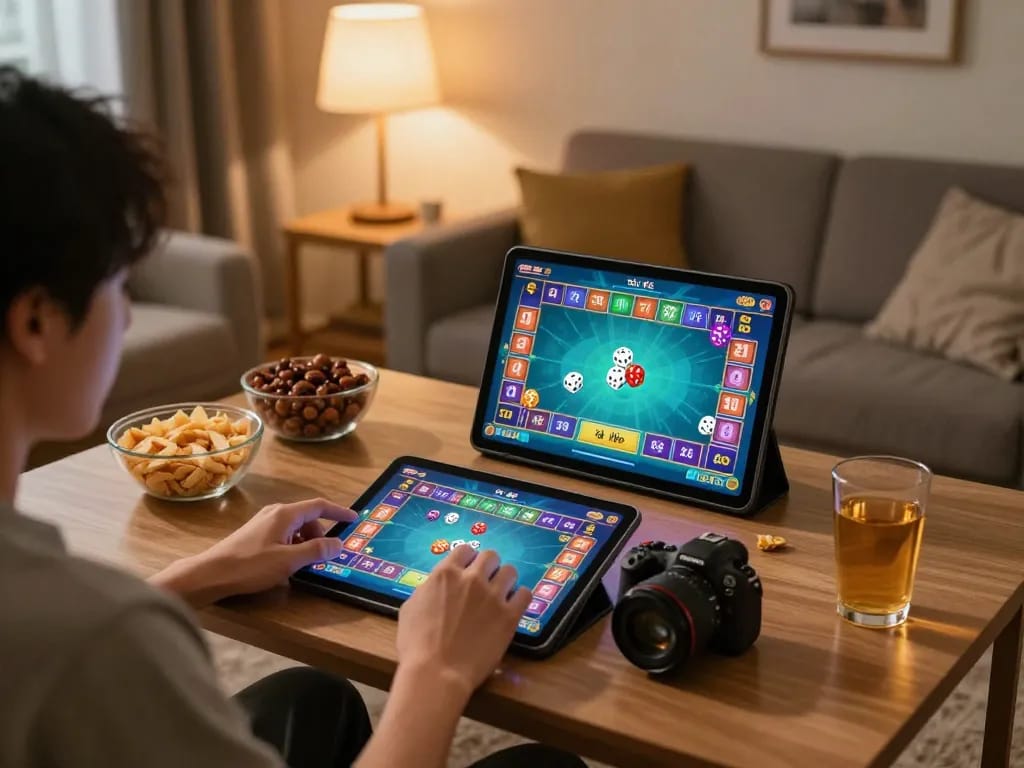 Engaging in game tài xỉu online from a cozy home setup with visible tablet display.