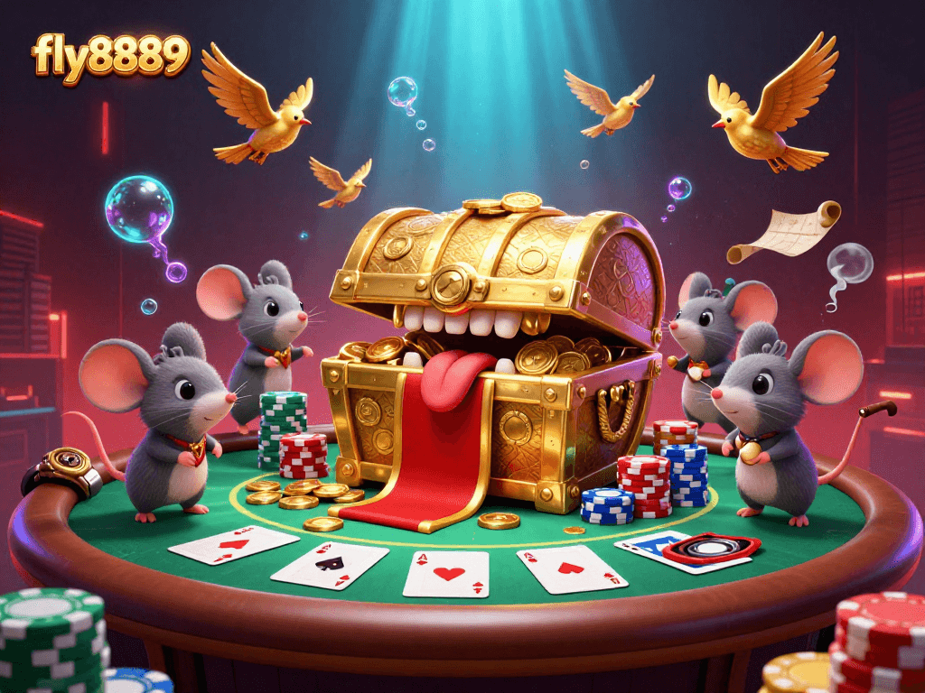Engage in high-stakes adventures with fly8889 as golden treasures and poker excitement fill the scene.