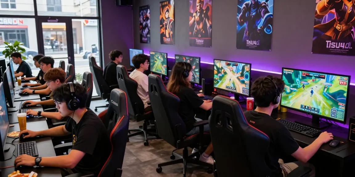 Engaging urban gaming café scene showcasing tisu4d multiplayer excitement and camaraderie.