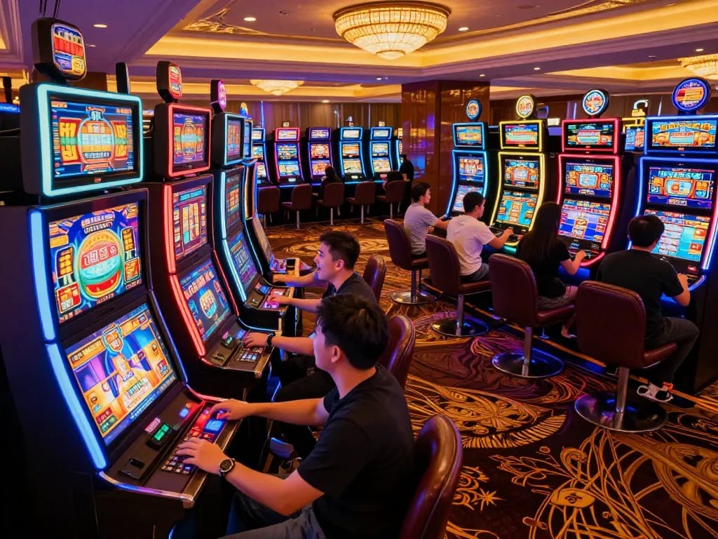 Players enjoying interactive slot machines at bin88 casino, revealing vibrant entertainment and winning opportunities.