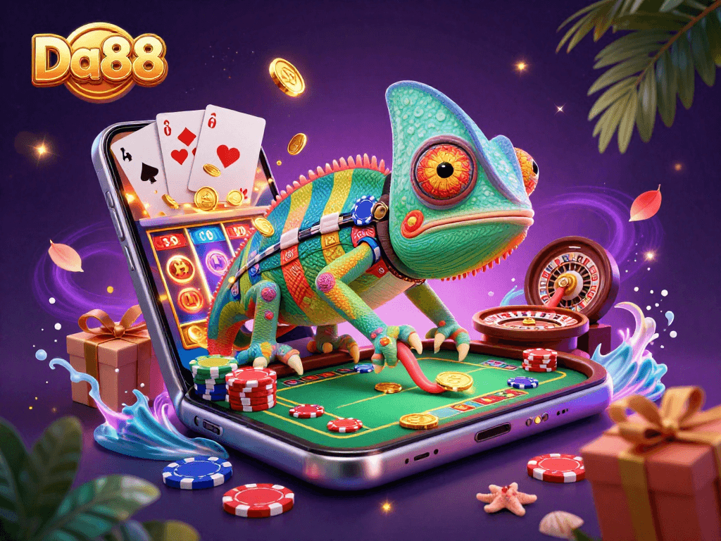 Experience thrilling gaming at Da88, featuring a vibrant chameleon casino owner amidst dynamic casino elements.
