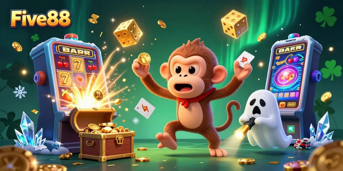 Experience the thrills of Five88 as a mischievous monkey juggles golden coins in a vibrant casino scene.