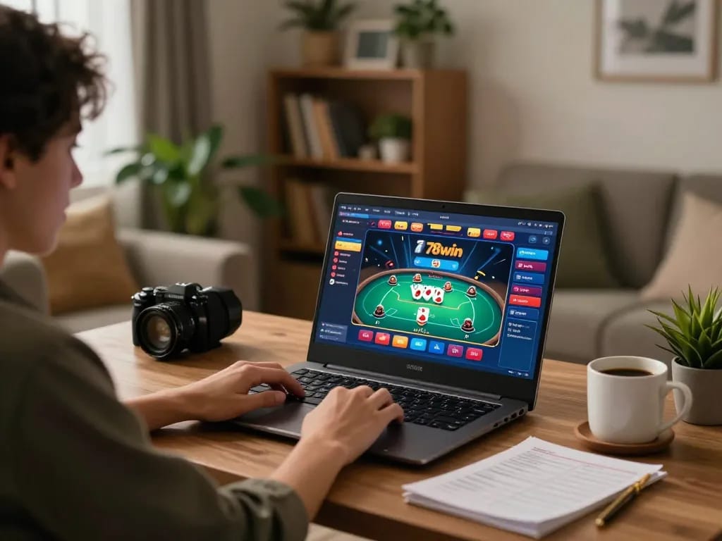Person playing poker on 78win, showcasing an inviting online casino experience with strategy notes.