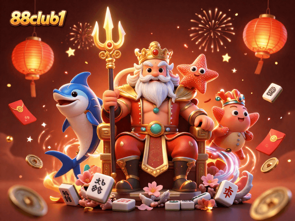 Engage with the vibrant 88club1 casino world featuring Neptune amidst a dynamic gaming celebration.