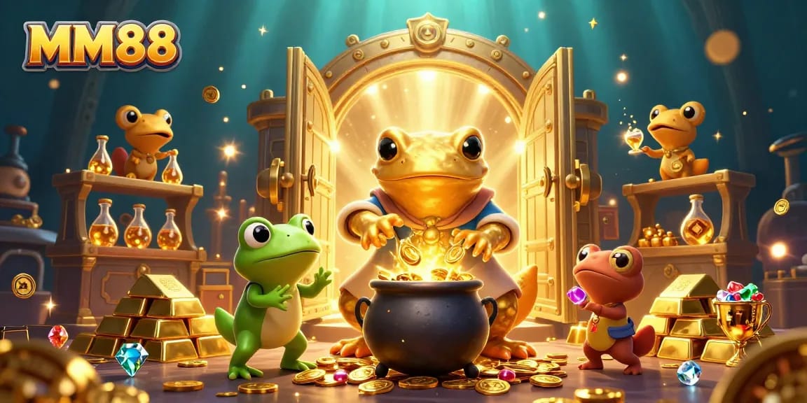 Experience the magic of MM88 with gold coins and slot reels in a vibrant casino world.