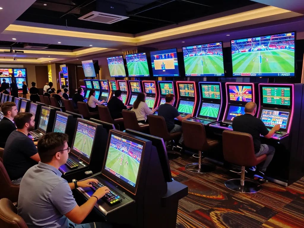rokok88 bettors engaged in sports wagering excitement at a vibrant casino, showcasing dynamic atmosphere.