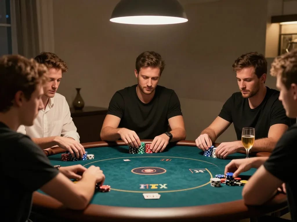 Players enjoying a strategic game at 13win poker night with stacked chips and warm lighting