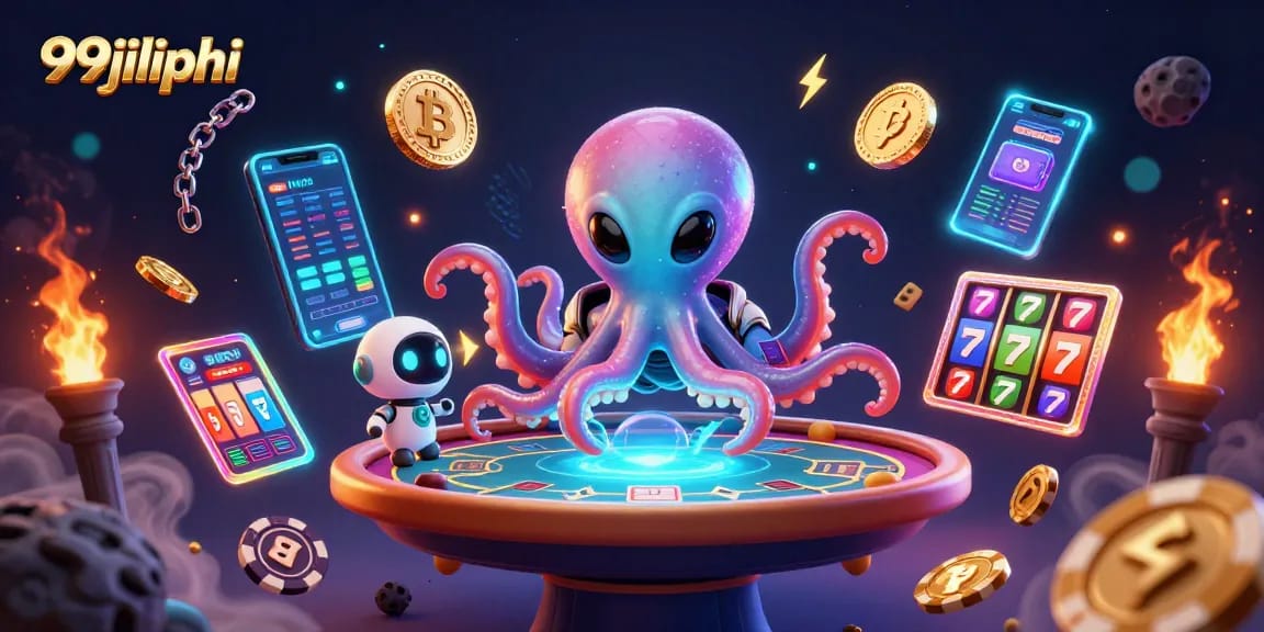 Engage with the thrilling 99jiliphi casino scene featuring a 3D alien octopus and vibrant gaming elements.