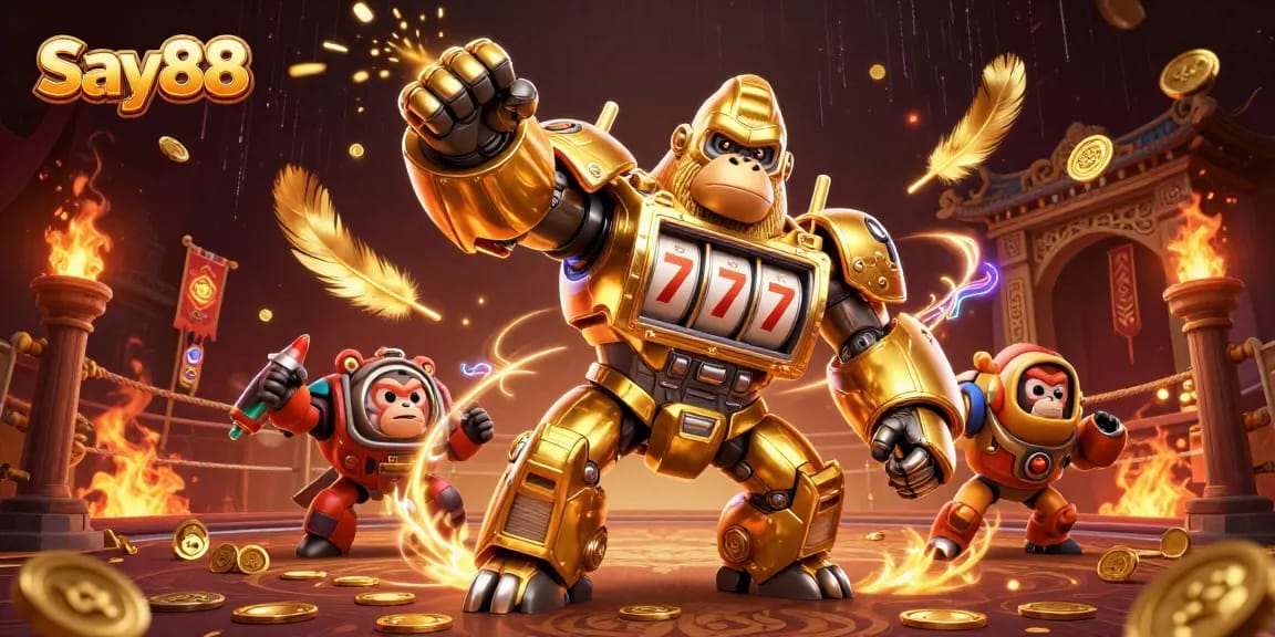 Action-packed scene featuring Say88's golden gorilla mech amidst vibrant casino elements and explosive energy