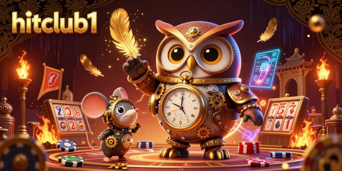 Engage with hitclub1 in a vibrant casino world featuring a steampunk owl, slot machines, and rich game elements.
