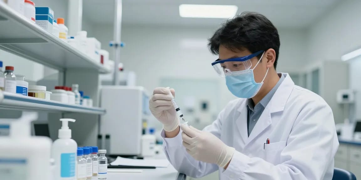 Syringe 3ml preparation in a healthcare lab with medical supplies.