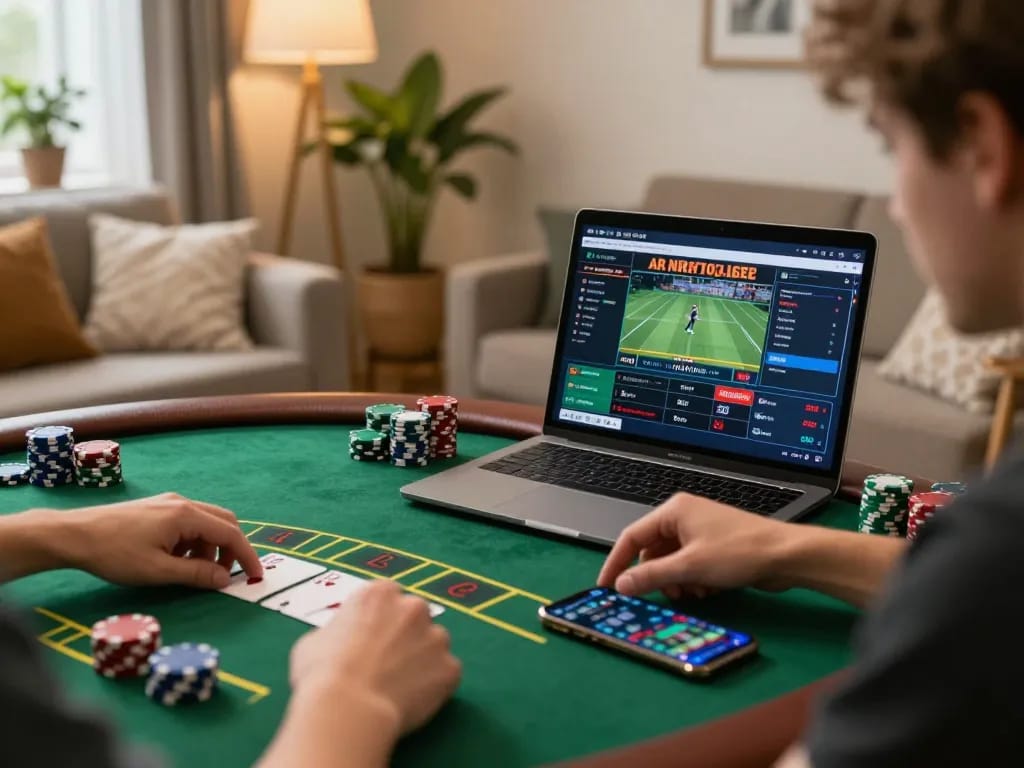 Player engaging with VK88 live dealer blackjack on a laptop at home, showcasing strategic gambling experience.