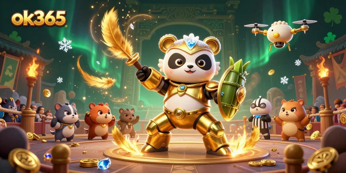 Engage in thrilling gameplay at ok365 with a dynamic arena scene featuring a mech-suit panda and colorful casino elements.