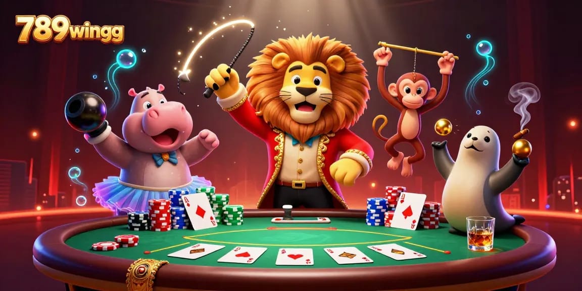 Engage in thrilling gambling with 789wingg's vibrant casino circus featuring lions and hippos