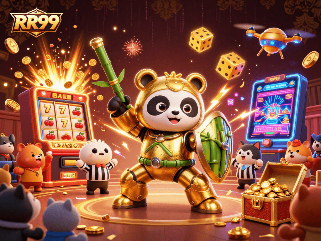 RR99 engaging players with a dynamic casino scene featuring a panda in a mech suit and jackpot elements.