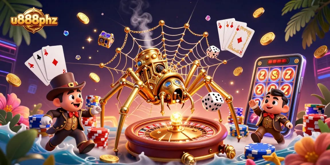 Win big with u888phz, as a golden spider spins chances of fortune amidst sparkling casino chaos.