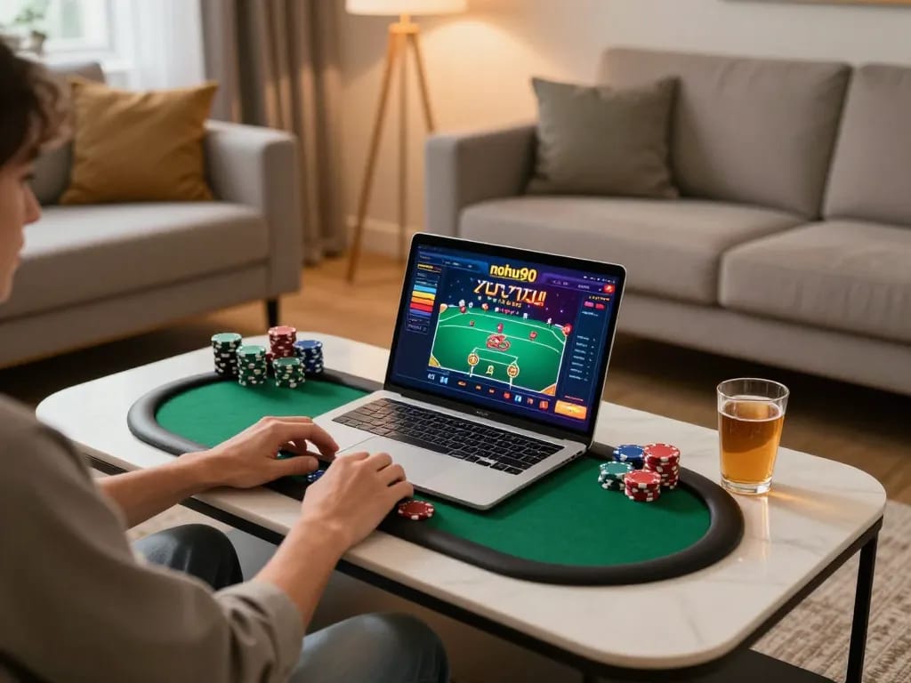 Engaging nohu90 online poker game displayed on a laptop in a stylish home setting, illustrating an immersive gaming experience.