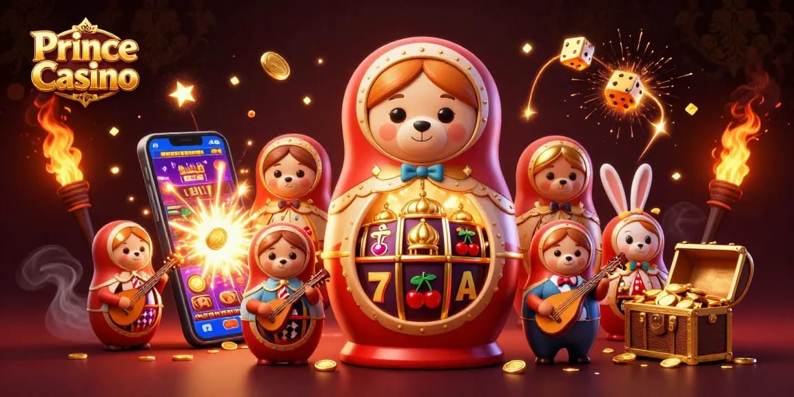 Win big at Prince Casino with lively, colorful characters and dynamic gaming elements exploding in a festive scene.