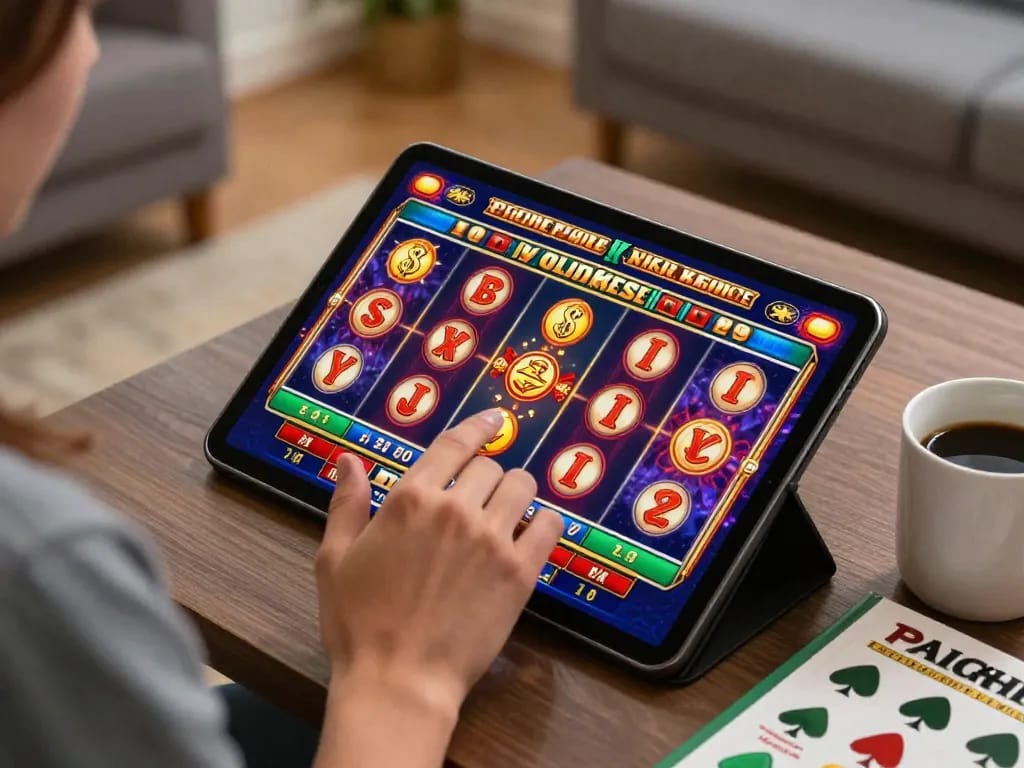 Good88 user enjoying online slots gameplay on tablet in a cozy home setting, capturing excitement.