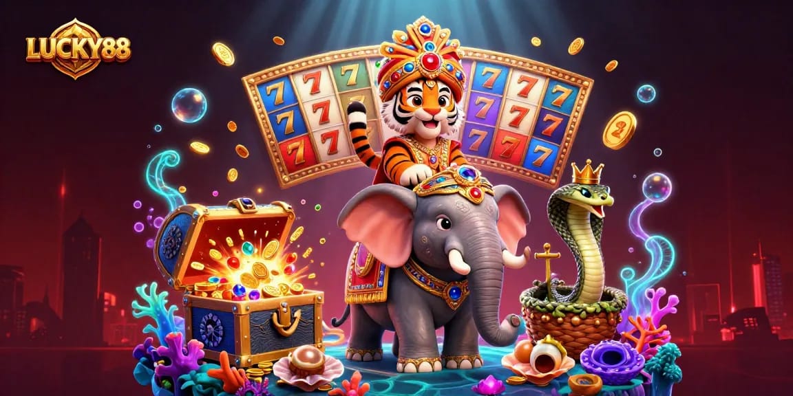 Play thrilling slots with LUCKY88 in a vibrant, rich casino adventure under glowing lights.