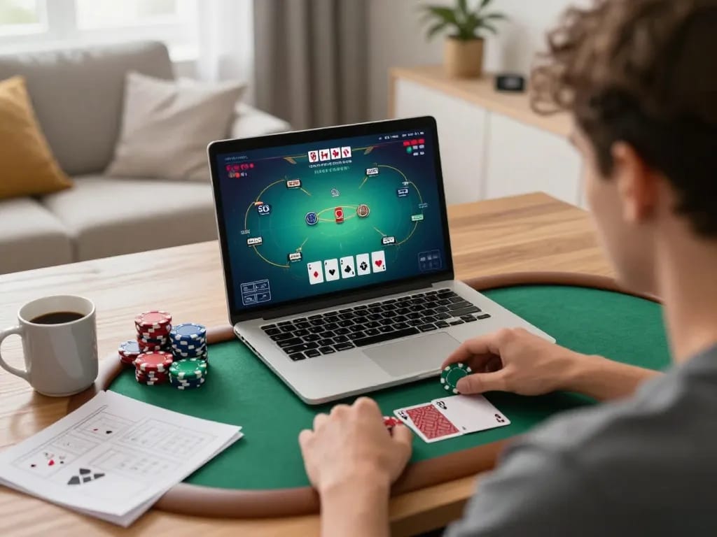 Engaged player enjoying strategic online poker gameplay on a laptop with sunwin interface.