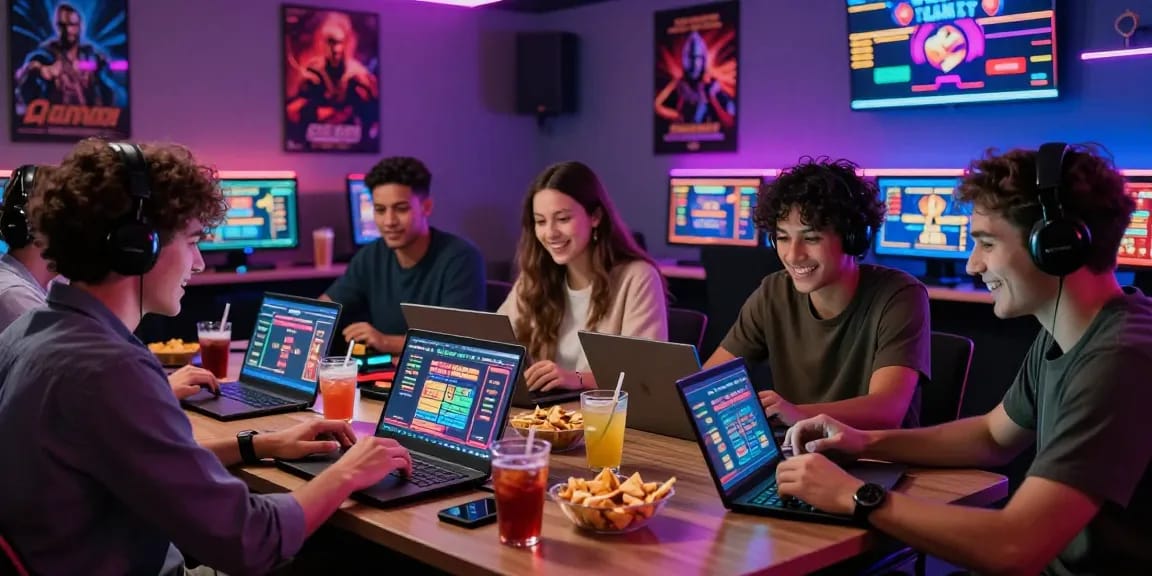 Group of friends enjoying online casinos not on Gamstop with vibrant lights and gaming screens.