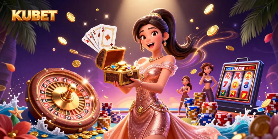KUBET showcases an elegant Asian woman with a treasure chest full of gems and gold coins, symbolizing winning opportunities.