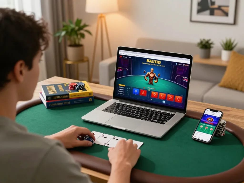 sunwin online poker setup with engaged player using laptop and strategy books for better gaming