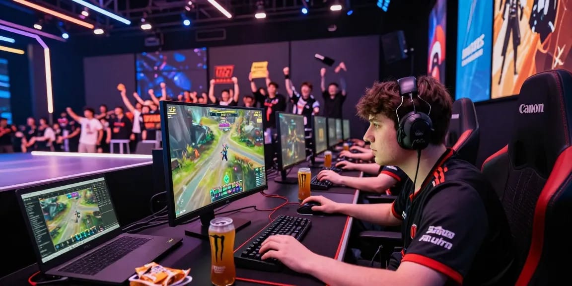 Player engaged in rokok88 esports competition surrounded by fans and vibrant event atmosphere.