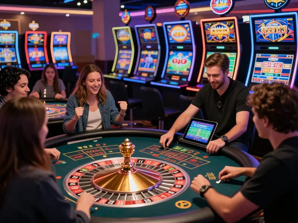Players enjoying NK88 casino games with vibrant atmosphere and interactive betting.