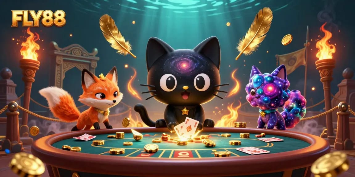 FLY88 attracts players with a cosmic casino scene featuring vibrant characters and dynamic gambling elements.